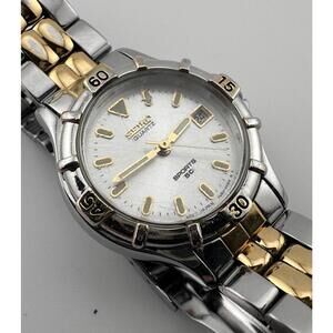Seiko Sports 50 Women’s Quartz Watch Silver Dial Two Tone Bracelet 25mm Vintage